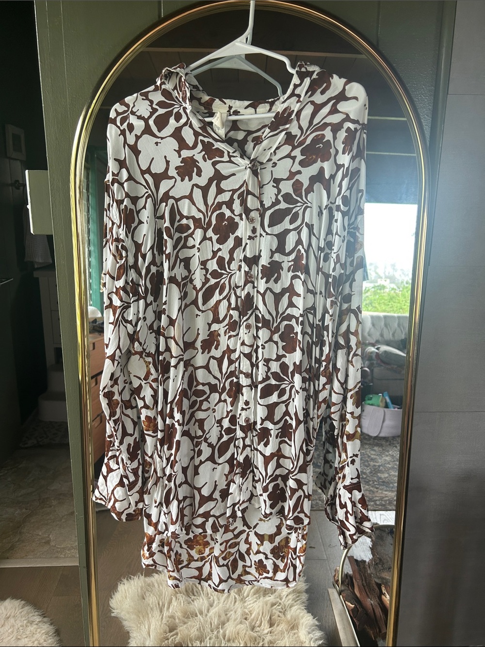 Stone Fox Swim Brown and White Floral Long Sleeve Button-Front Dress